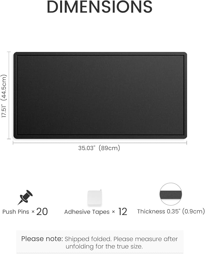 Fluxynara Bulletin Board, 35" x 17.5" Cork Board Alternative with 12 Safe Removable Adhesive Tabs, Foldable Felt Pin Board for Home Office, Classroom, Bedroom,Entryway for Walls— Black