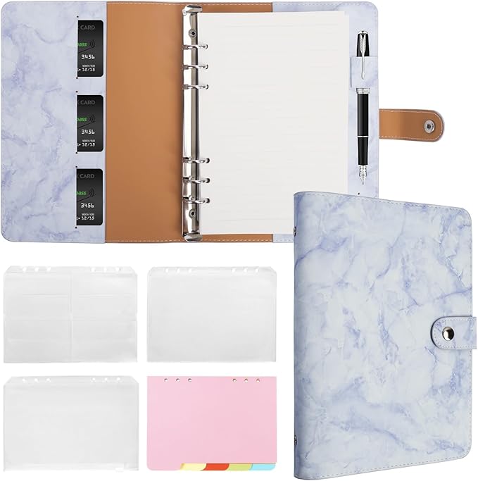 FYY A5 Binder Refillable Planner Notebook 6 Ring PU Leather Binder Journal with Pockets, Dividers, Refill Paper Marble Blue
