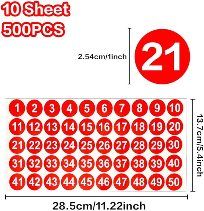 Number Stickers, Consecutive Number Stickers 1-50, 10 Sheets Round Numbers Labels, Red Small Number Sticker Vinyl Numbers Decals for Office, Classroom, Storage, Inventory, Indoor, Outdoor, 1 inch