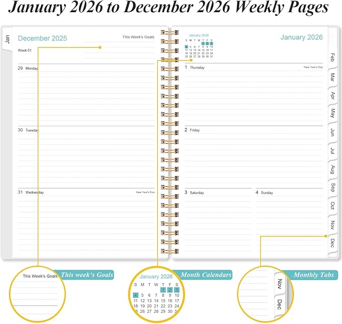 2026 Planner - Planner 2026 from January 2026 - December 2026, Weekly & Monthly Planner Spiral Bound with 12 Monthly Tabs, Inner Pocket, 6.4" x 8.5", Snowman