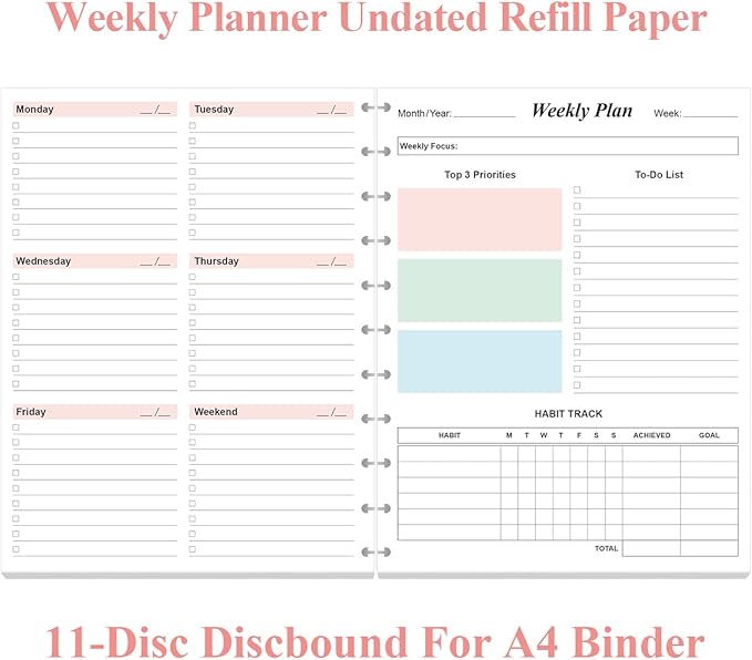 (2-Pack) Weekly Planner Undated Refills - Letter Size 106 Sheets/212 Pages Colorful Weekly Planner for 11-Disc Discbound, TUL, 100 gsm White Paper, Lasts 2 Year, Undated, 8.5" x 11"