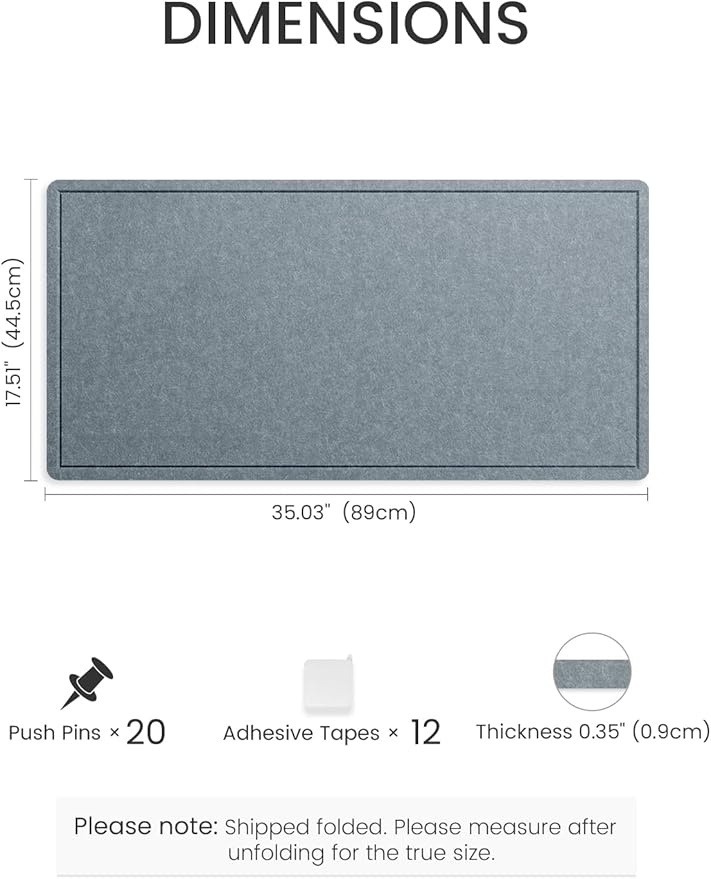 Fluxynara Bulletin Board, 35" x 17.5" Cork Board Alternative with 12 Safe Removable Adhesive Tabs, Foldable Felt Pin Board for Home Office, Classroom, Bedroom,Entryway for Walls— Blue Gray