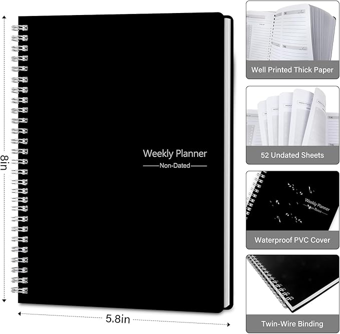 TREES Undated Weekly Planner, Weekly To Do List Notebook with Goal & Habit Tracker Organizer, A5 5.8"" x 8.0"" Weekly Planner Notebook with Spiral Binding for Men or Women, Black