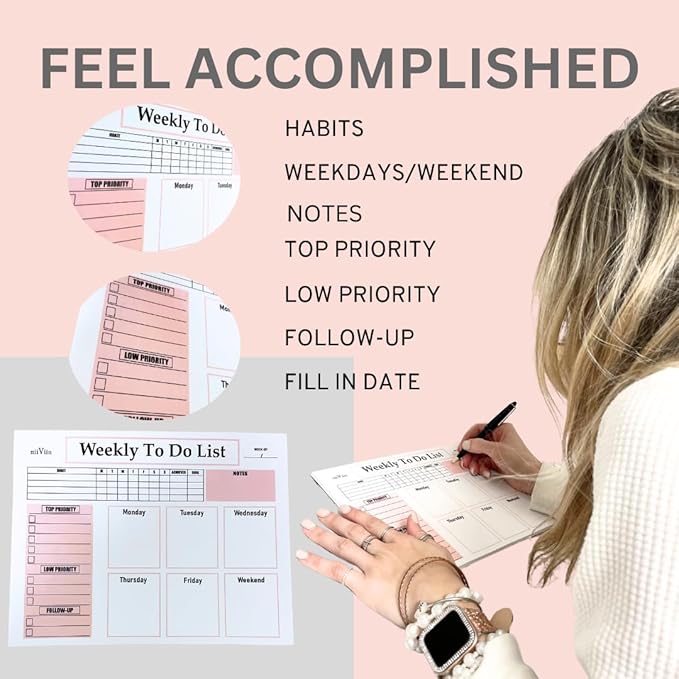 Undated Weekly Planner Notepad - Calendar with Habit Tracker, ADHD Planner for Adults, Weekly To Do List Notepad, 50 Tear-Off 8.5" x 11" Sheets, Extra Thick Backing