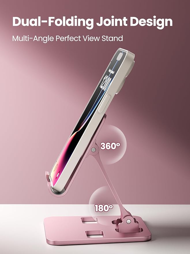 Phone Stand for Desk, Dual Folding Cell Phone Holder, Fully Adjustable Portable Mobile Phone Holder for iPhone 17 16 15 14 13 12 11 Pro Max Plus Air, Galaxy S25 S24, All Phones (Rose Gold)