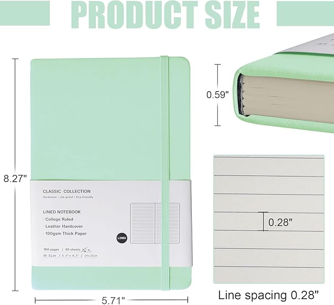 Lined Journal Notebook – Hardcover Notebook for Men & Women – Journals for Writing, Work, School, Home & Daily Notes, 160 Pages – Medium A5, 5.7"x8", 100 gsm Thick Paper (Eggshell Green)