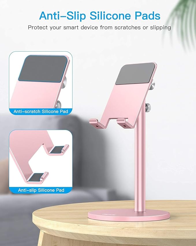OMOTON Cell Phone Stand, Angle Height Adjustable Phone Stand, Aluminum Desktop Phone Holder Dock Stand for Desk, Compatible with iPhone 13/Mini/Pro/Max, All Smartphones and Tablets(4-11''), Rose Gold