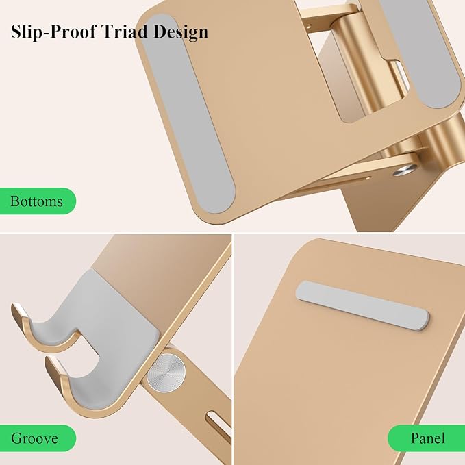 Minthouz Tablet Stand, Multi-Angle Adjustable Tablet Holder, Aluminum iPad Stand Compatible with iPhone 17 16 15 14 13 Pro Max Mini, 12 11 XR X8 Plus SE, Smartphone (Gold)