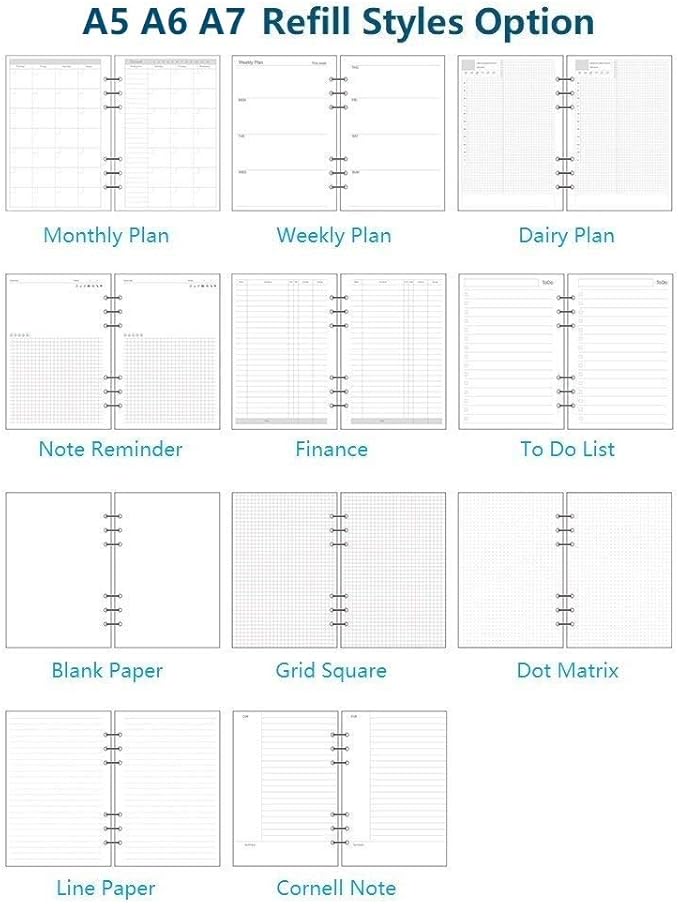 A7 Planner Refill, A7 Agenda Refill Diary Note Daily Plan Paper for Filofax,6 Hole/100gsm Paper Removable Planner Inserts 6 Rings, 4.84 x 3.23'', Harphia