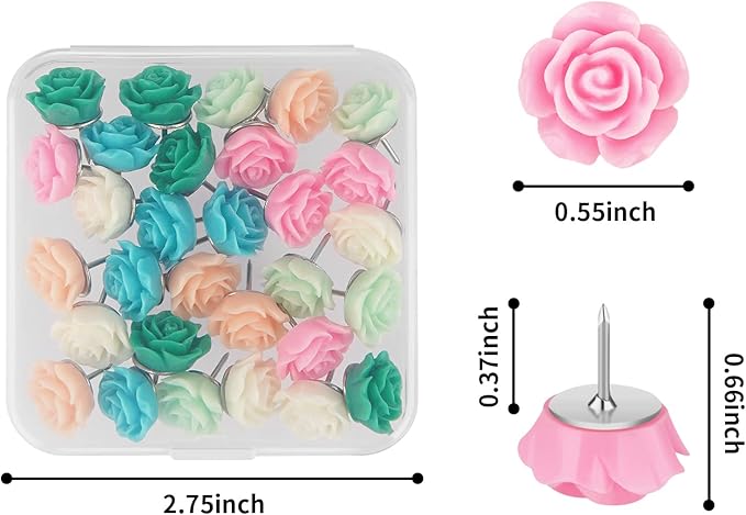 Push Pins for Cork Board - Cuttte 30pcs Decorative Push Pins with Case, Cute Thumb Tacks and Pushpins for Bulletin Board, 6 Colors Flower Pushpins