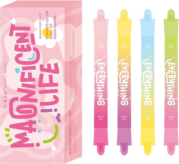 Pastel Highlighters and Highlighter Set for School - 8 Assorted Colors, Dual Tip 4-Pack with No-Bleed Quick Dry Ink, Chisel & Bullet Tips (Dopamine)
