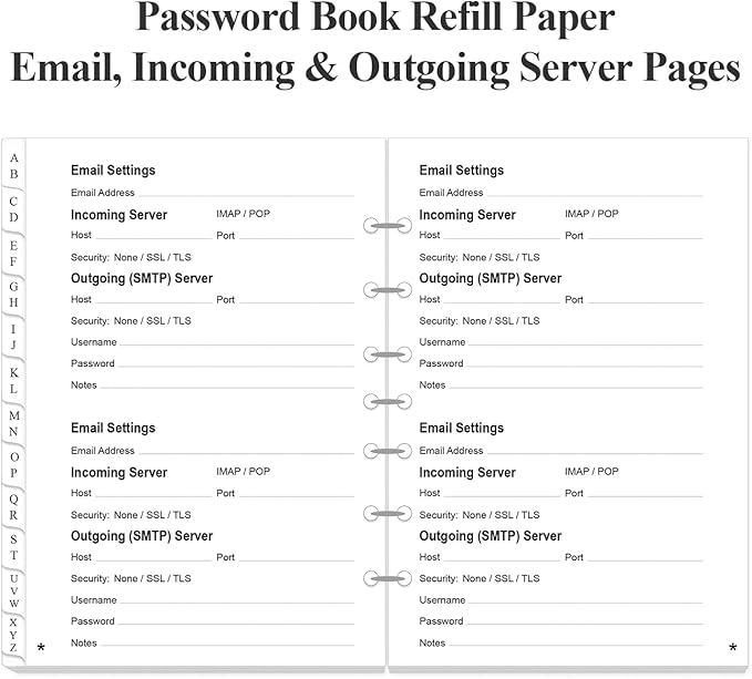 Password Book Refills - A-Z Password Notebook Refill Paper with Alphabetical Tabs, 120gsm White Paper, 7-Hole/Desk Size 4, 5.8" x 8.3"