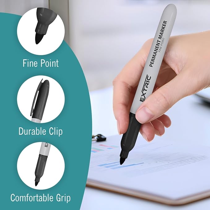 EXTRIC Permanent Markers Black, 12 Count Fine Point Markers, Quick Drying, Works on wood, Paper, Plastic, Metal and Glass, for Home, Office and School use