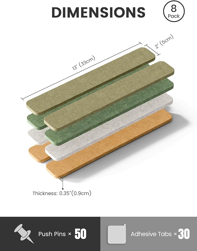 Cork Board Alternative Felt Strip Board 8-Pack 13"x2", Office Pin Board with 50 Push Pins, Adhesive Install for Bedroom Door & Home Office(Olive Grove)