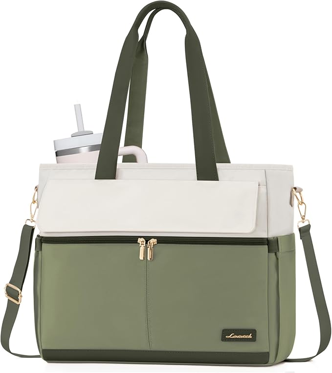 LOVEVOOK Laptop Bag for Women 15.6 Inch Canvas Laptop Large Capacity Work Bags Mutiple Pockets Teacher Bag Water Resistant Computer Bags for Business Travel Nurse, Green Beige