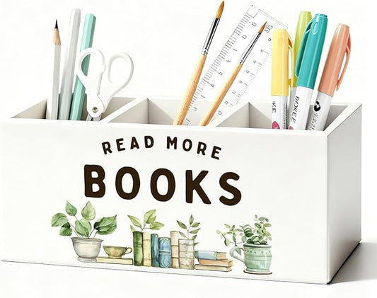 Book Lovers Gifts Pen Holder, Book Reader Gifts Pencil Holder for Desk, Read More Books Wooden Box Sign Decorations for Reading Room Corner Nook Classroom Desk Tabletop