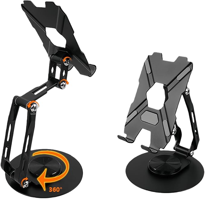 All-Metal Cell Phone Stand 360° Rotatable & Height Adjustable - 25KG Super Load-Bearing, Foldable Desk Stand for Phone & Tablet, Compatible with iPhone 17/16/15/14, Nintendo Switch, Black
