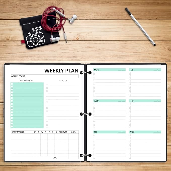 Letter Size Undated Weekly Planner Refills,53 Sheets/106 Pages Undated Colorful Weekly Planner,A4 Planner Inserts,3 Holes pouched,Weekly Plan (Left), Daily Details (Right), Lasts 1 Year, 8-1/2" x 11"