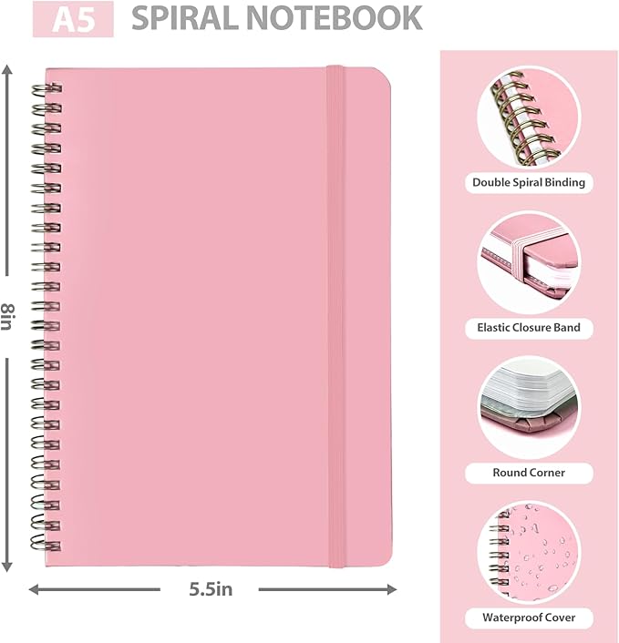 Journaling Notebooks, A5 Lined Spiral Notebook for Women & Men, 146 Pages College Ruled Hardcover Note Book for Work, Note Taking, Journaling, School, Writing (PINK)