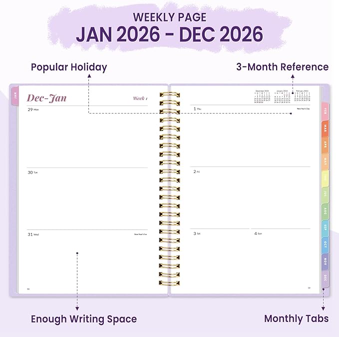 2026 Planner, Annecy Weekly ＆ Monthly Planner 2026, Jan. 2026 – Dec. 2026, 6.4" x 8.3" Monthly Agenda Planner with Tabs, Waterproof Flexible Cover, Spiral Binding, Double-sided Pocket, Bookmark, Purple
