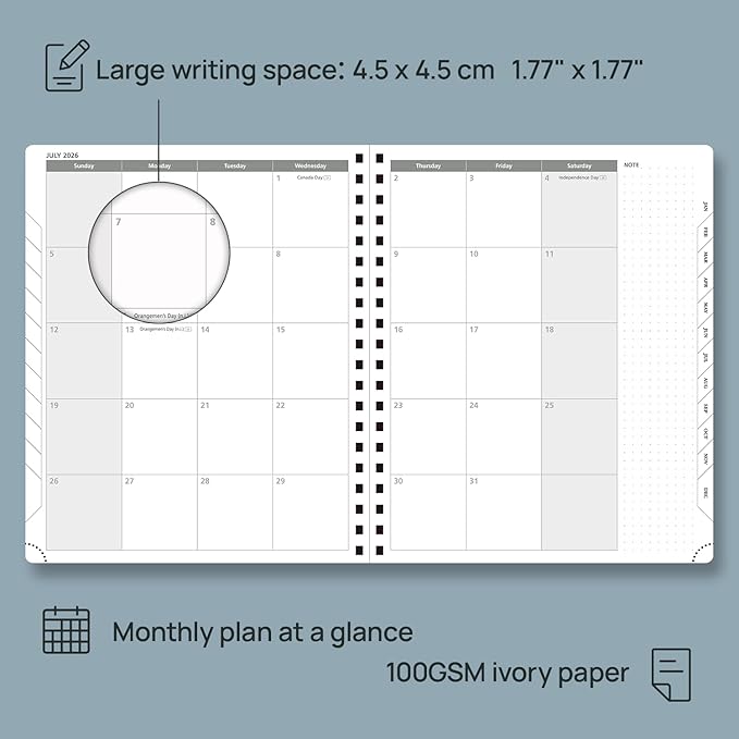 POPRUN 2026 Planner Weekly Notebook Calendar (Jan-Dec), Large Size 8.5'' x 10.5'' - Agenda 2026 Appointment Book with Monthly Tabs, Inner Pocket, Spiral Soft Cover, 100 GSM TJ - Brown