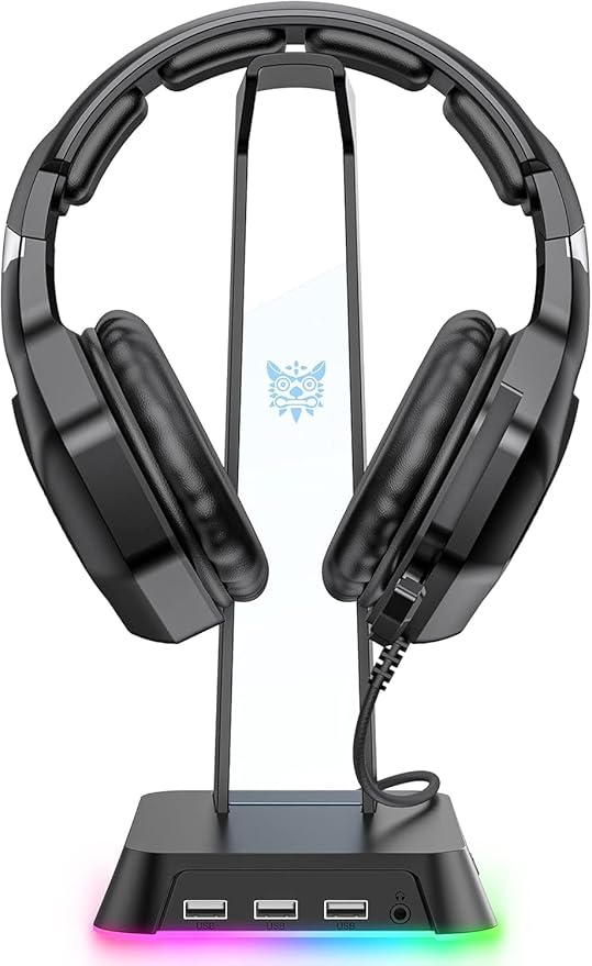 RGB Headphone Stand with 3.5mm AUX and 3 Port USB 2.0 Hub, Universal Gaming Headset Hanger Holder for Computer Gaming Gamer Accessories (Black)