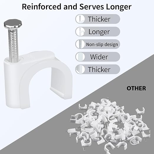LeMotech Cable Clips, 200pcs 18mm Cable Tacks with Steel Nails, Coax Cable Clips Speaker Wire Clips for Cord Management RG213 2 AWG Power Cable Heavy-Duty HDMI Cables Wall Wire Clips, White