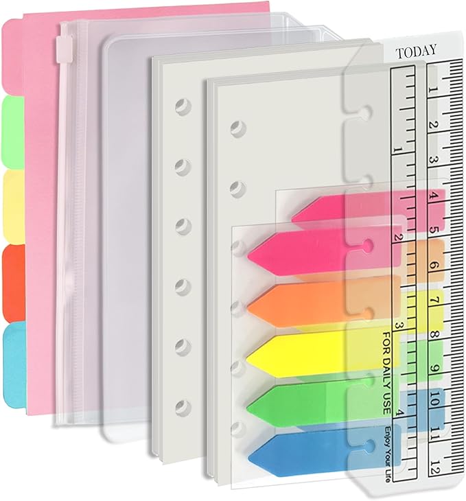 Harphia A7 6 Holes Binder Refill Value Set, 90sheets Plain Blank Loose Leaf Paper with Stickers and dividers, Planner Inserts with Binder Pockets for A7 Binder 6 Holes refillable Notebook,005dA7blank