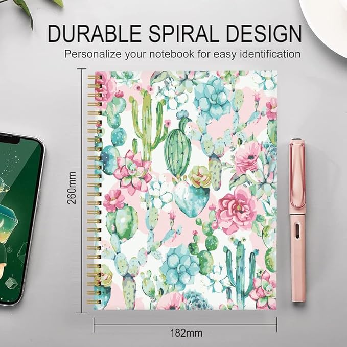 Spiral Journal Notebook for Women,A5 College Ruled Notebooks 6"x 8.4", 120 Pages (60 Sheets) Lined Journal with Premium Thick Paper,Perfect for School Office Home(Watercolor Cactus Floral)