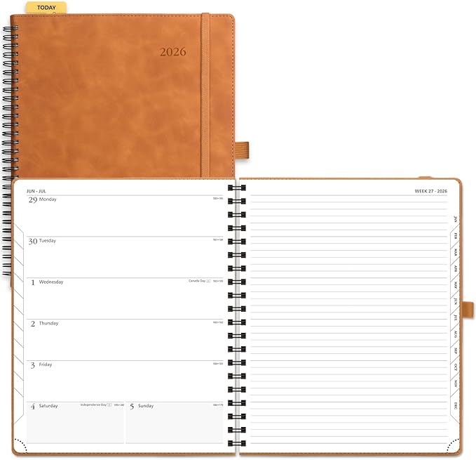 POPRUN 2026 Planner Weekly Notebook Calendar (Jan-Dec), Large Size 8.5'' x 10.5'' - Agenda 2026 Appointment Book with Monthly Tabs, Inner Pocket, Spiral Soft Cover, 100 GSM TJ - Brown
