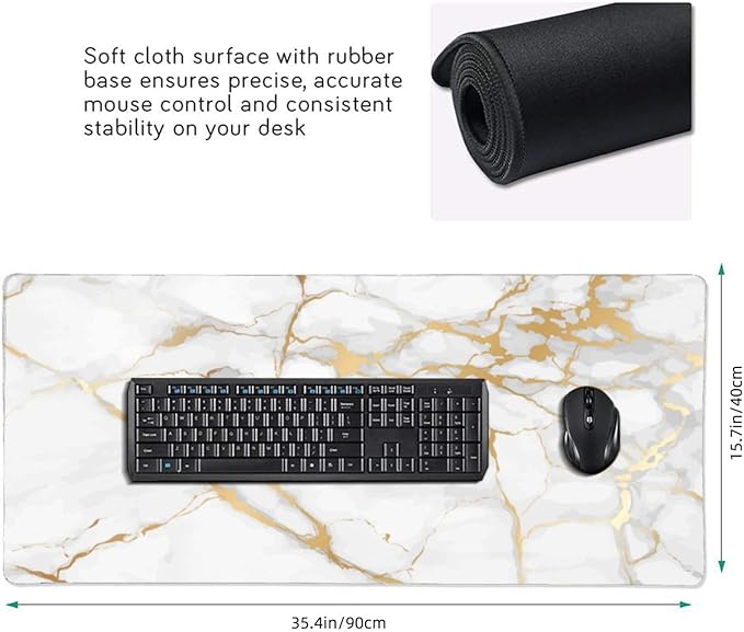 White and Gold Marble Mouse Pads XXL Extended Mousepad with Stitched Edges Non-Slip Rubber Base Computer Keyboard Pad Desk Mat for Home Office Desk Decor, 35.4" X 15.7"
