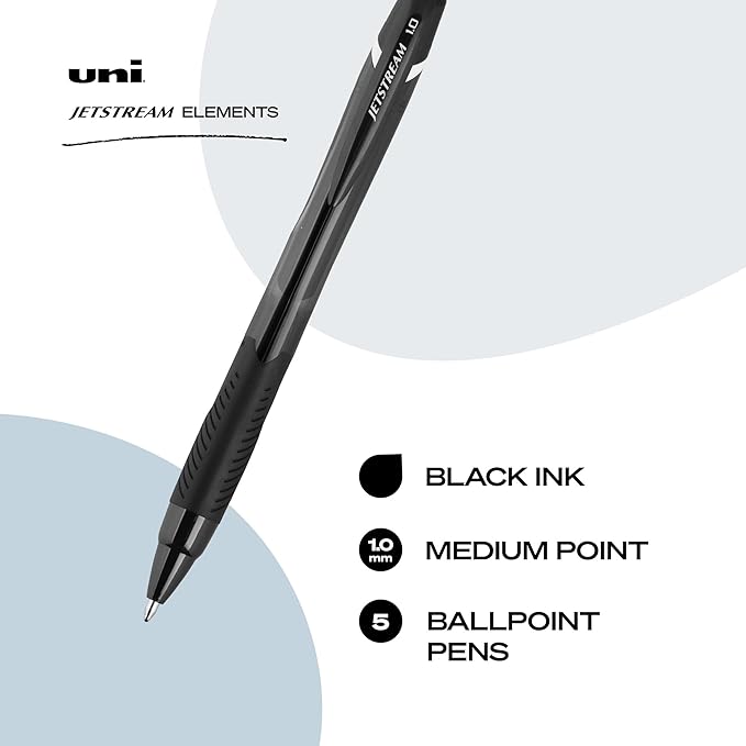 uniball Jetstream Elements Ballpoint Pens, Medium Point (1.0mm), Black Ink, 5 Pack