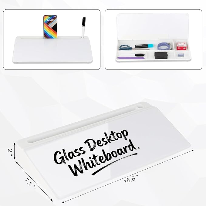 Glass Desktop Whiteboard 15.8×7”, Dry Erase Note Memo Board, Desk Organizer with Storage for Desk, Office, School Supplies, White, 2026