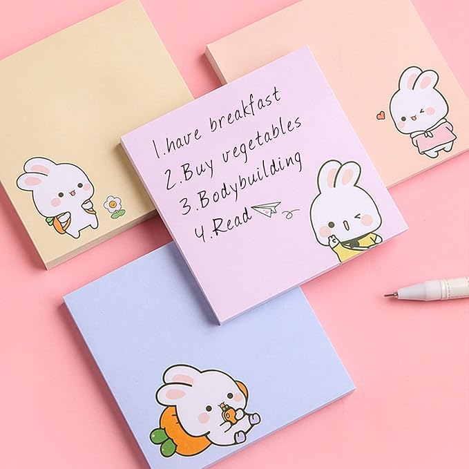 4 Pack 80Sheets Per Pack 3.15x3.15in Self-Stick Note Pads, Kawaii Sticky Notes,Cute Sticky Notes,Korean Sticky Notes,Cute Stationary,Cute School Supplies Aesthetic (Happy Rabbit)