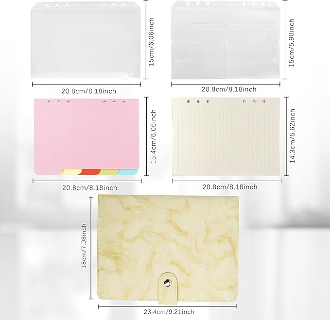 FYY A5 Binder Refillable Planner Notebook 6 Ring PU Leather Binder Journal with Pockets, Dividers, Refill Paper Marble Yellow