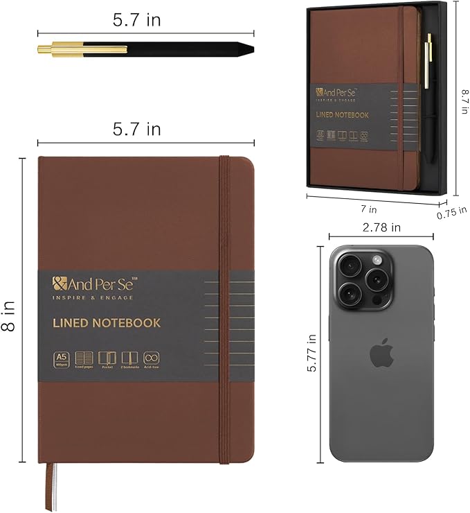 &And Per Se Lined Journal and Pen Set, A5 Leather Hardcover Notebook with Pen & Stationary Set, 160 Pages 100GSM Thick Ruled Paper Journal for Business Work Writing (Brown, Gift Set)