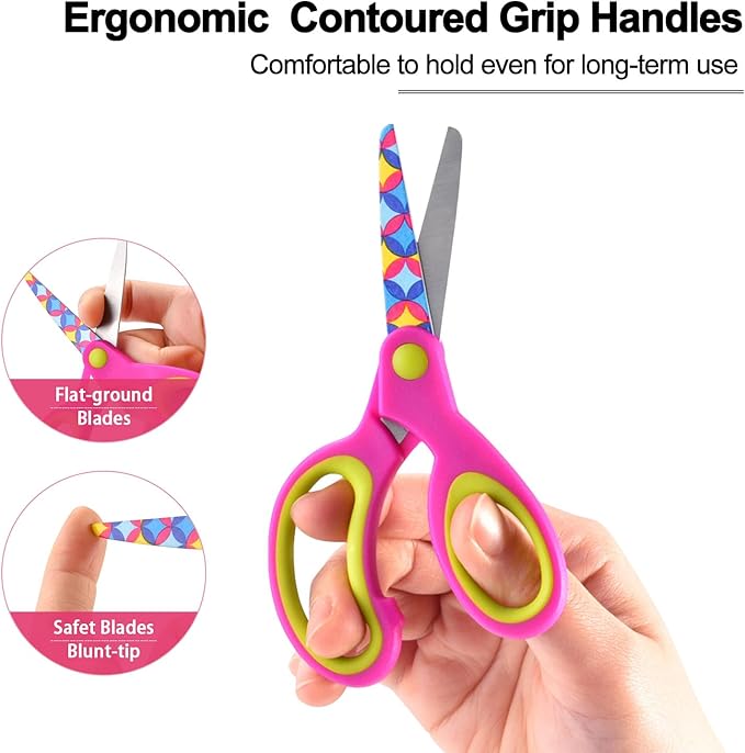 Kids Scissors Set, Safety Children Scissors with Blunt-Tip Floral Print Blade and Soft Grip, Great for DIY, Arts, Home, School Classroom Use, Blue/Purple/Yellow
