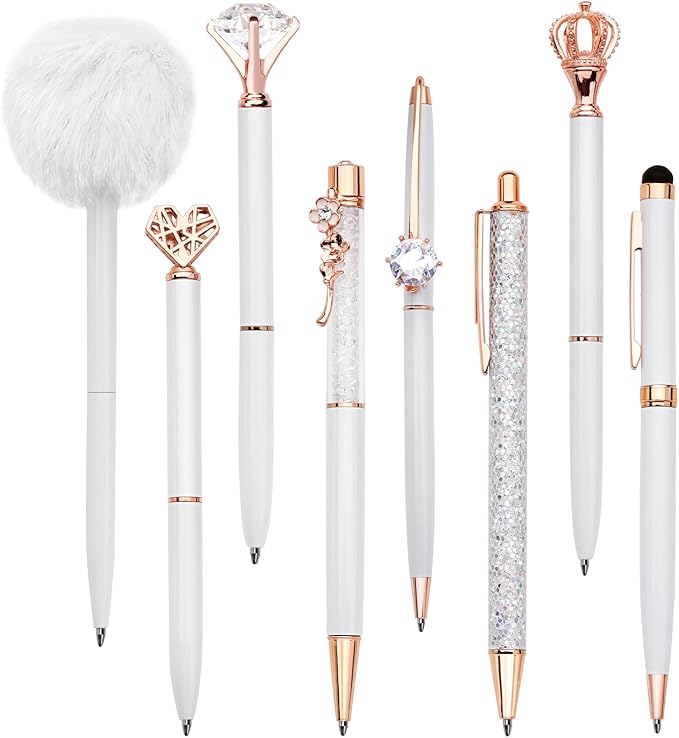 WEMATE 8Pcs Ballpoint Pens Set Metal Crystal Diamond Pen Glitter for Journaling White Pen Bling in Black & Blue Ink Pretty Cute Pens Fancy Pens Mothers Day Gifts for Women Wedding School Office(White)
