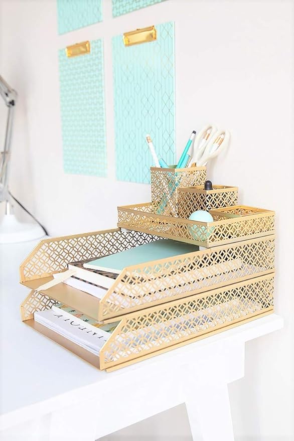 BLU MONACO | Aqua Desk Organizer Set for Women 6 Piece | Mail Sorter Organizer Countertop with Letter Sorter for Desk | Steel Desktop Organizer with Mesh Pen Holders