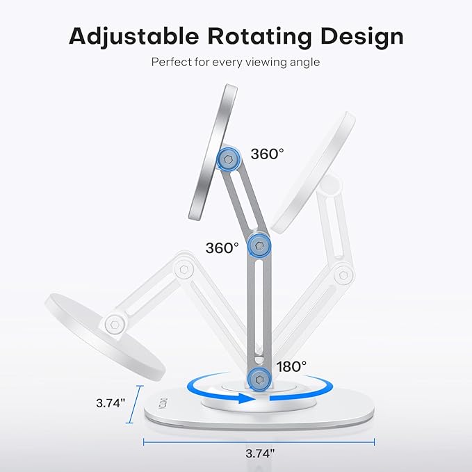 OMOTON 360°Rotating Magnetic Phone Stand for Desk, Adjustable Foldable Aluminum for MagSafe Cell Phone Stand Holder with Non-Slip Base, for iPhone 16/15/14/13 Pro Max (White)