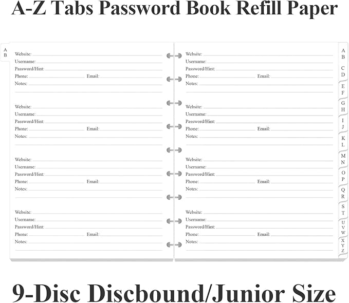 9-Disc Discbound Password Book Refills for Happy Planners - A-Z Password Notebook Refill Paper with Alphabetical Tabs, 120gsm White Paper, 7" x 9.25"
