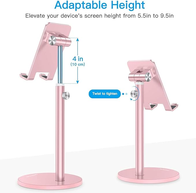 OMOTON Cell Phone Stand, Angle Height Adjustable Phone Stand, Aluminum Desktop Phone Holder Dock Stand for Desk, Compatible with iPhone 13/Mini/Pro/Max, All Smartphones and Tablets(4-11''), Rose Gold