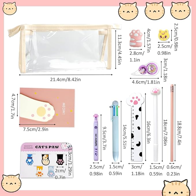 19 PCS Cute Cat Paw Stationery Set, Cartoon Mini Pencil Roller, Kawaii Magnetic Bookmarks, Correction Tape, Eraser, Multicolor Pens, Ruler, Highlighters Sticky Notes for Cat Lovers