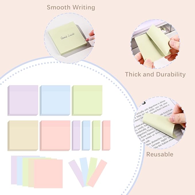 BAYTORY 6 Pads Pastel Sticky Notes, Memo Self-Stick Note, Index Tabs Easy to Post for School Office Notebook (3x3 & 3x0.7 Inch)
