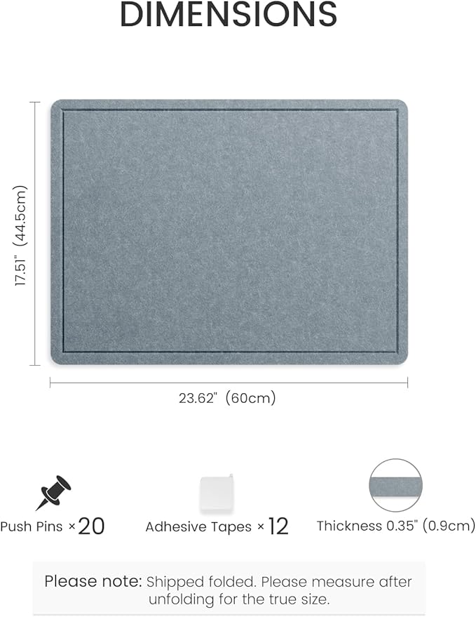 Fluxynara Bulletin Board, 23.6" x 17.5" Cork Board Alternative with 12 Safe Removable Adhesive Tabs, Foldable Felt Pin Board for Home Office, Classroom, Bedroom,Entryway for Walls— Blue Gray