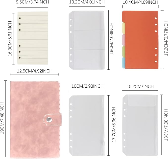 FYY A6 Binder Refillable Planner Notebook 6 Ring PU Leather Binder Journal with Pockets, Dividers, Refill Paper Pink