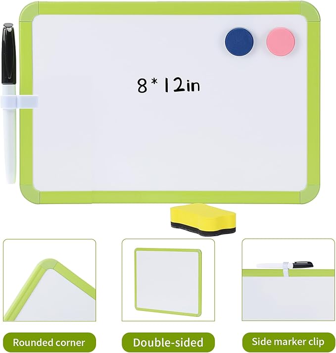 MXG 8x12 Inch Green Portable Dry Erase Board, Double Sided Small White Board with Magnetic Accessories, Handheld Whiteboard for Desk, Fridge, Wall, Includes Pen, Eraser & Pen Holder