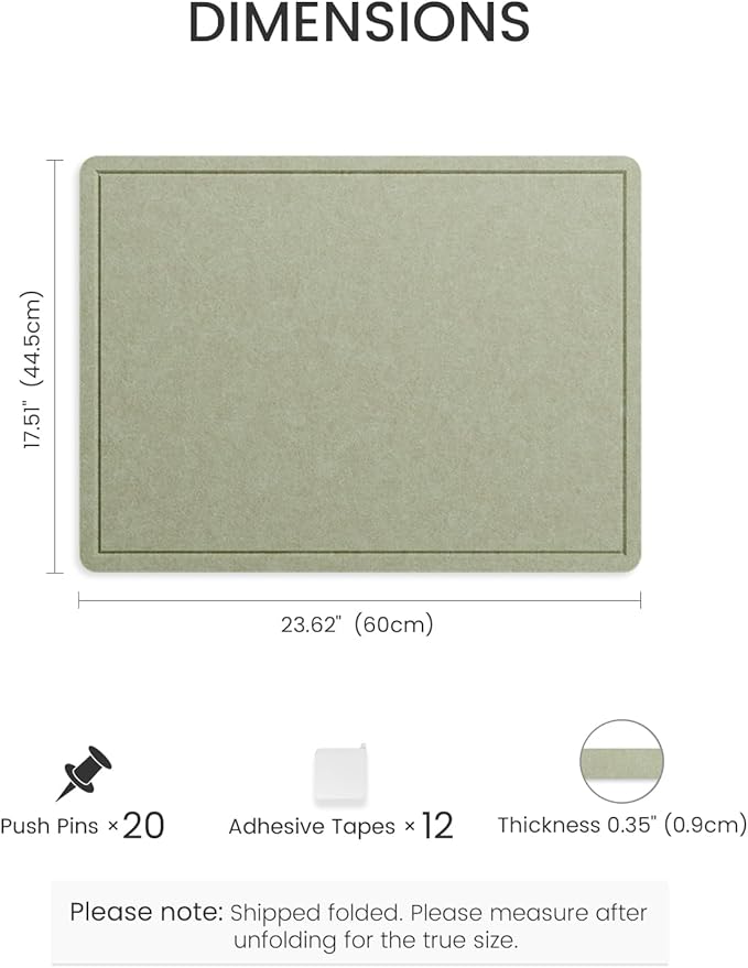 Fluxynara Bulletin Board, 23.6" x 17.5" Cork Board Alternative with 12 Safe Removable Adhesive Tabs, Foldable Felt Pin Board for Home Office, Classroom, Bedroom,Entryway for Walls— Sage