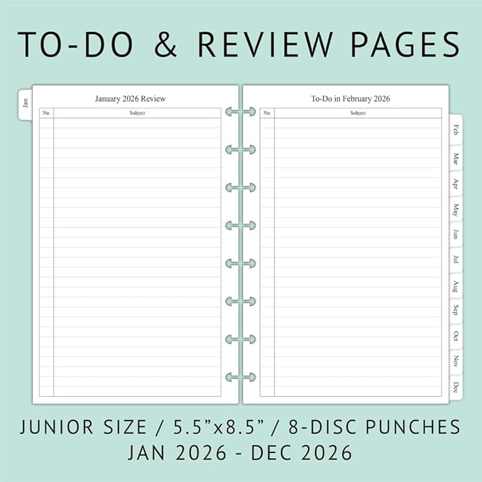newestor 2026 Monthly Planner Refill for 8-Discbound Notebook, Two Pages Per Month, Jan 2026 to Dec 2026, Junior Size 5-1/2"x8-1/2"