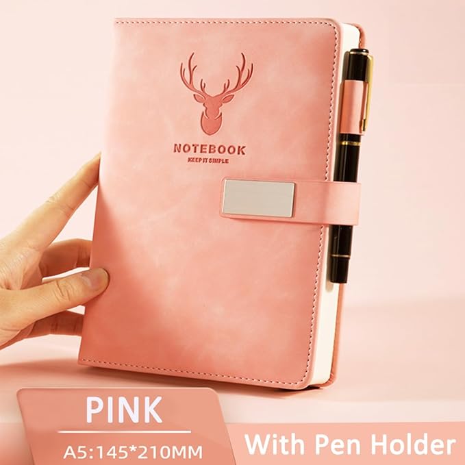 Aosemili A5 Planner Leather Lined Journal Notebook for Writing, A5 Planner Writing Journal for Girls Women, Ruled Paper Notebook Pink